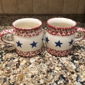 Gerald E Henn - Roseville Spongeware "Old Glory" American Blue Star Set of Mugs